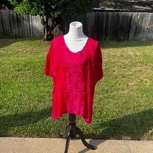 Johnny Was Embroidered Floral Fuchsia Pink Tunic Size Large Short Sleeves
